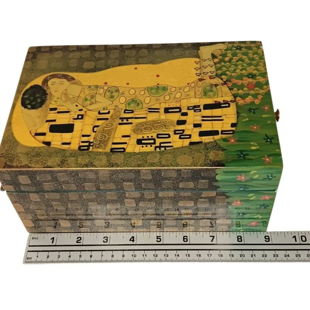 Vintage Lacquer Jewelry Box Gustav Klimt The Kiss Blue Interior 6